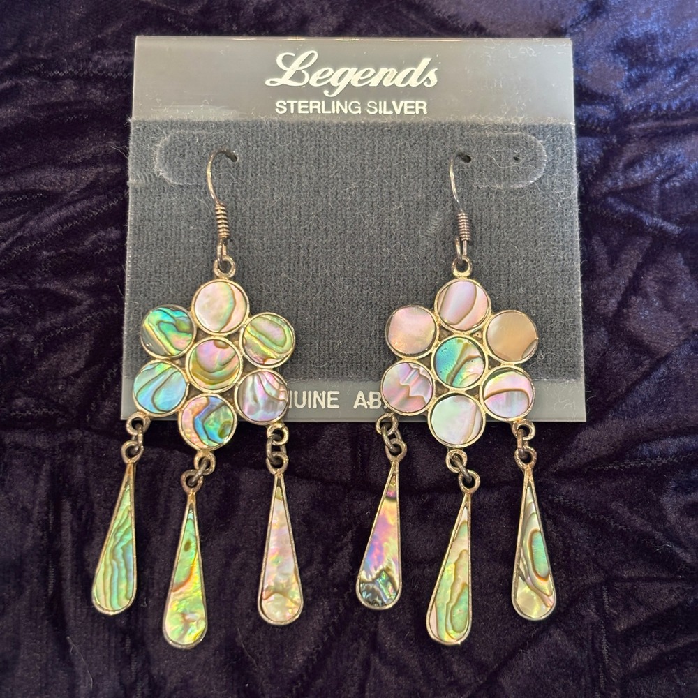Legends Genuine Abalone Sterling Silver Floral Dangle Earrings New